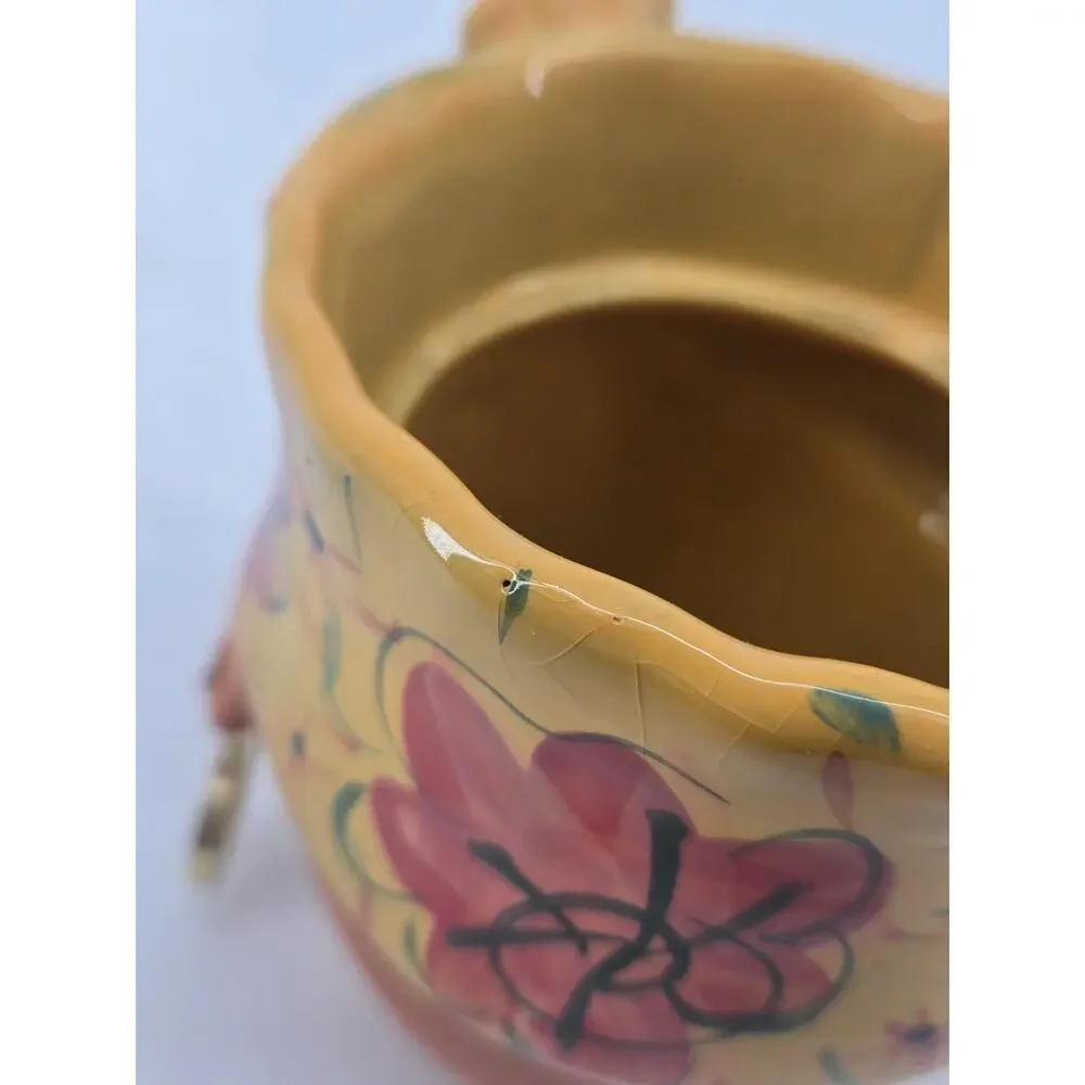 Vtg Whimsical Bird Brain 2005 Terra Cotta Lady Turban Planter Pot Head Yellow